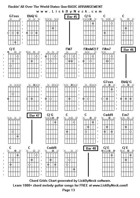 Chord Grids Chart of chord melody fingerstyle guitar song-Rockin' All Over The World-Status Quo-BASIC ARRANGEMENT,generated by LickByNeck software.